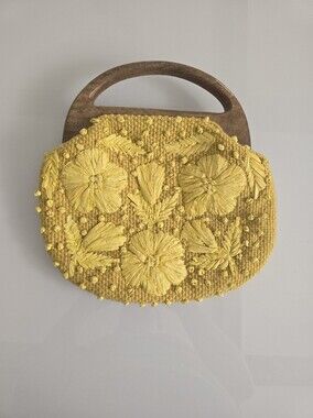 Anthropologie Yellow Floral Raffia Clutch with Wooden Handle